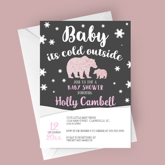 Baby It's Cold Outside Polar Bear Baby Shower Invitation (Baby It's Cold Outside, Polar Bear Winter Baby Shower Invitation in Pink)