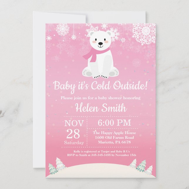 Baby its Cold Outside Polar Bear Girl Baby Shower Invitation (Front)