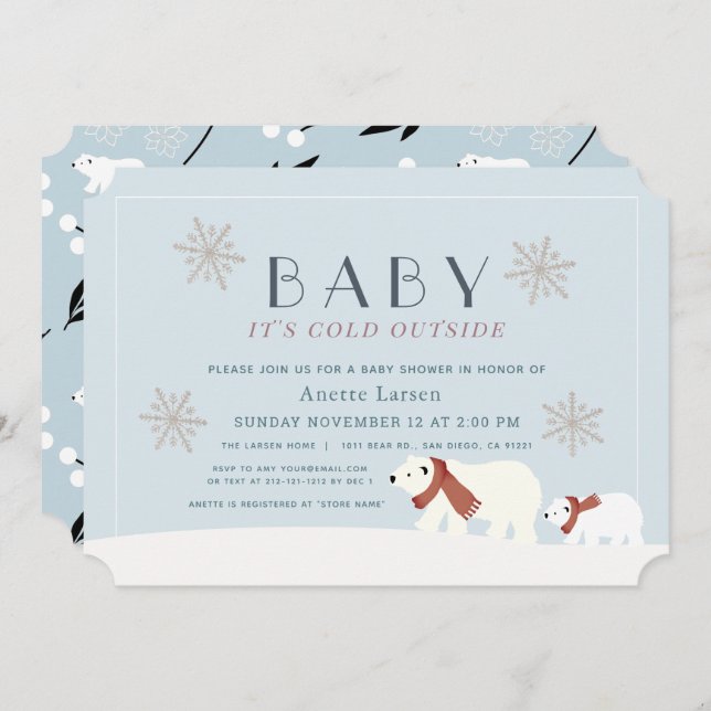 Baby Its Cold Outside Polar Bears Blue Baby Shower Invitation (Front/Back)