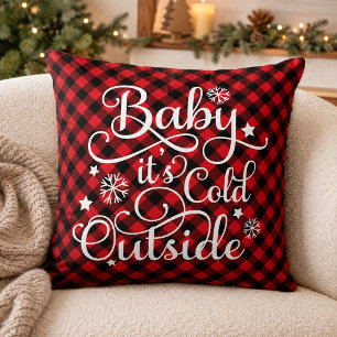 Baby Its Cold Outside Red Plaid Christmas Cushion
