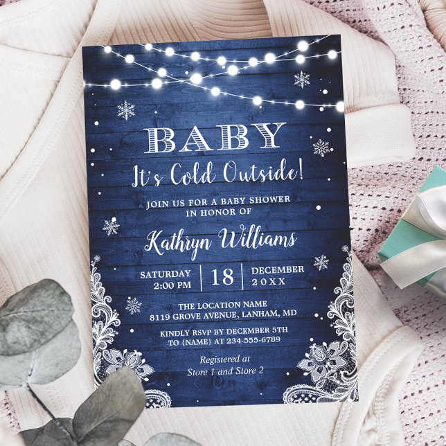 Baby It's Cold Outside Rustic Blue Baby Shower Invitation (Creator Uploaded)