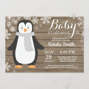 Baby its Cold Outside Rustic Penguin Baby Shower Invitation