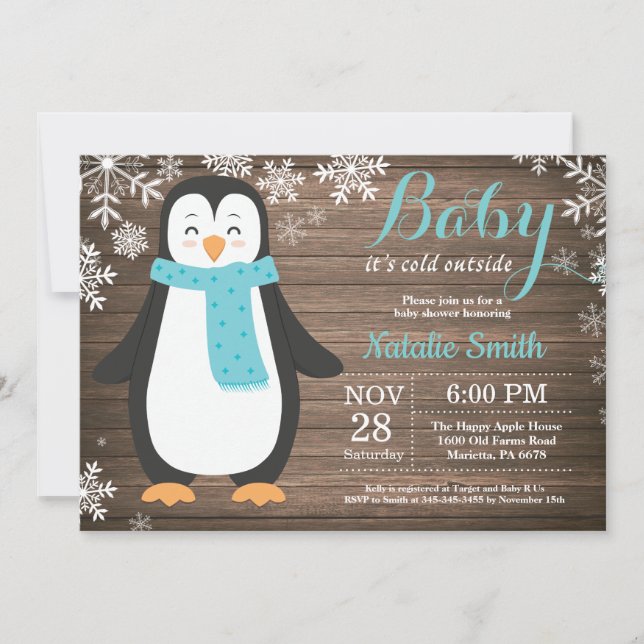 Baby its Cold Outside Rustic Penguin Baby Shower Invitation (Front)