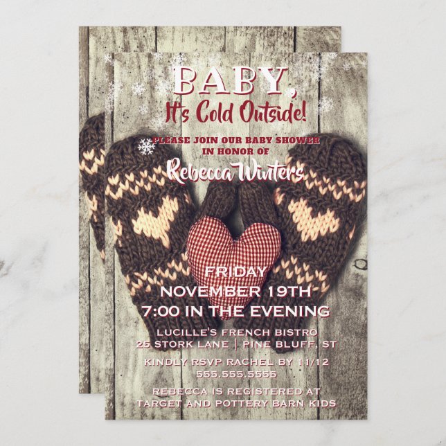 Baby Its Cold Outside Rustic Wood Winter Shower Invitation (Front/Back)