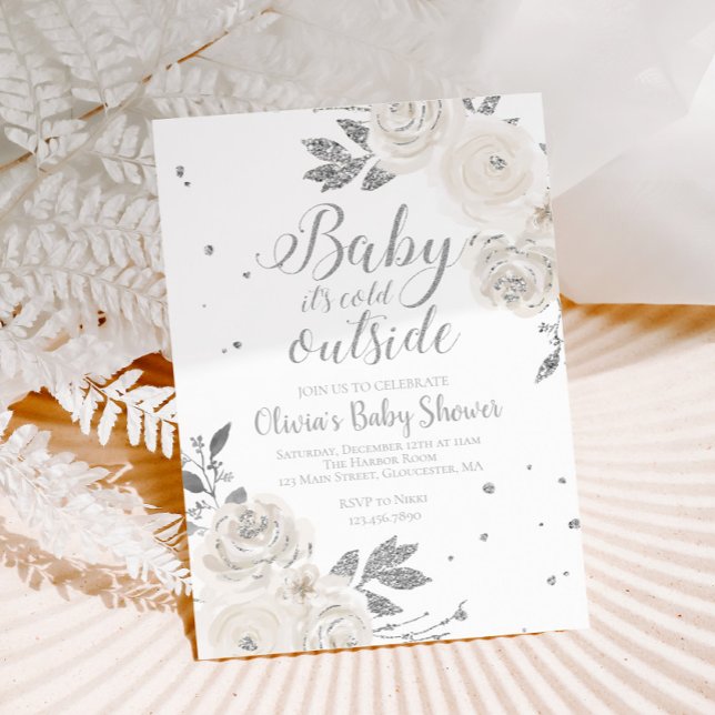 Baby it's Cold Outside Silver Floral Baby Shower I Invitation (Creator Uploaded)