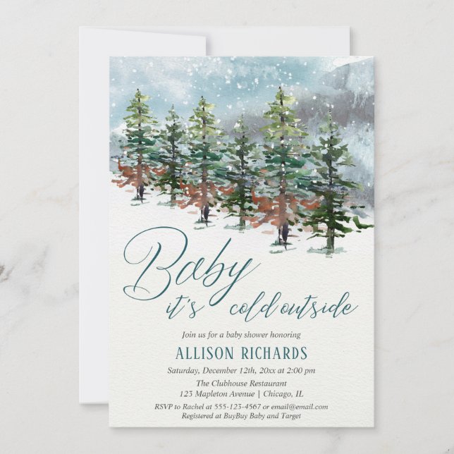 Baby its cold outside snowfall trees baby shower invitation (Front)