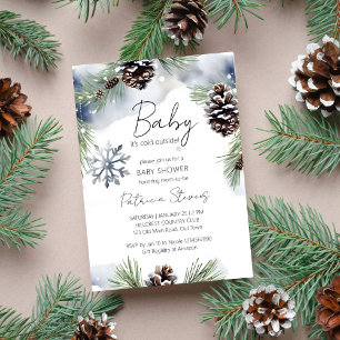 Baby it's cold outside snowy pines baby shower invitation