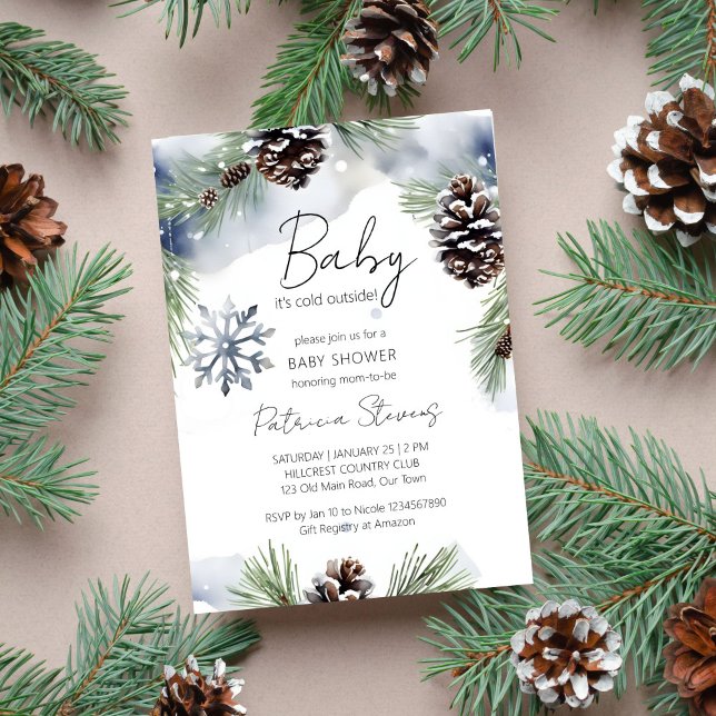 Baby it's cold outside snowy pines baby shower invitation (Baby it's cold outside watercolor snowy pines baby shower editable template invitation download)