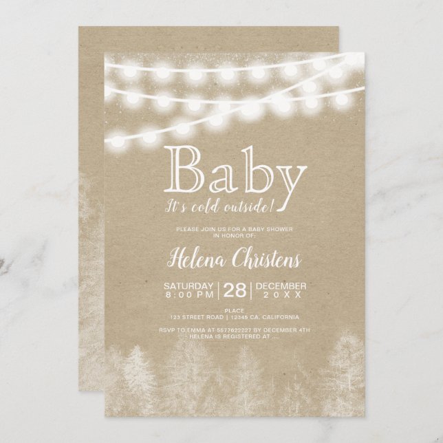 Baby it's cold outside string light pine forest invitation (Front/Back)