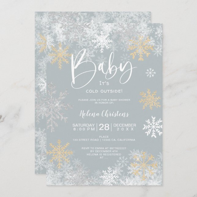 Baby it's cold outside white gold silver snow grey invitation (Front/Back)