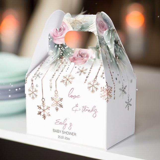 Baby it's cold outside winter baby shower favour box (Baby it's cold outside winter girls baby shower favor box pink blush roses pines crystals snowflakes)