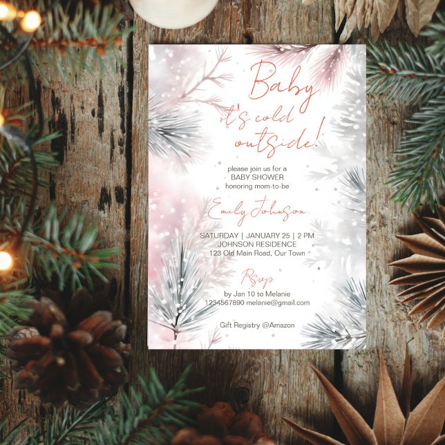 Baby it's cold outside winter baby shower pastel invitation (Baby it's cold outside winter baby shower pastel watercolor snowy pines template invitation)