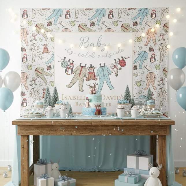 Baby Its Cold Outside Winter Baby Shower Tapestry (Ivory Baby It's Cold Outside Winter Baby Shower Backdrop Cute Pajamas,Teddy Bears,Penguins, Reindeer)