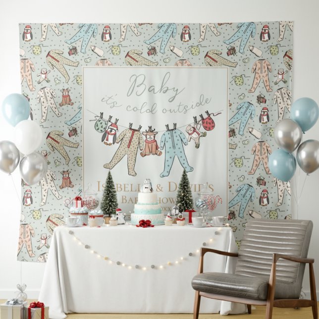 Baby Its Cold Outside Winter Baby Shower Tapestry (Sage Baby It's Cold Outside Winter Baby Shower Backdrop Cute Pajamas,Teddy Bears,Penguins, Reindeer)