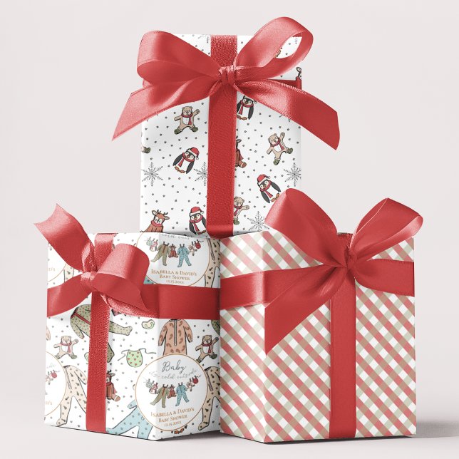 Baby Its Cold Outside Winter Baby Shower Wrapping Paper Sheet (Christmas Winter Baby Shower Gift Wrap. Baby Xmas Pajamas, Cute Animals, Snowflakes, Gingham Pattern)
