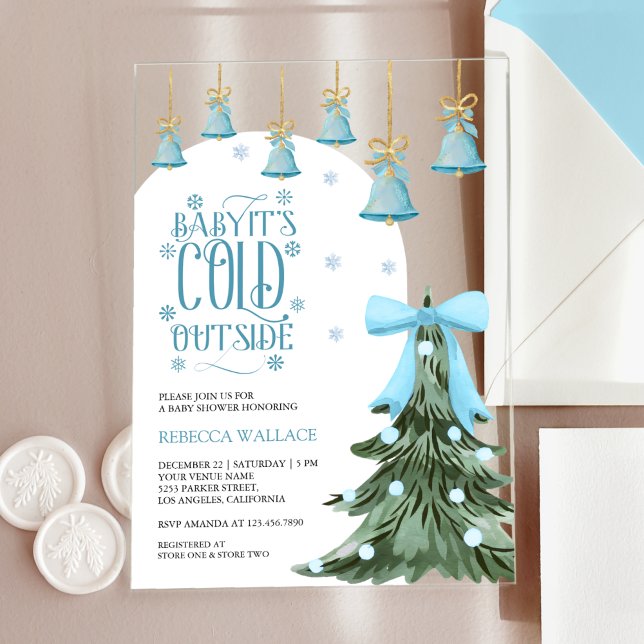 Baby It's Cold Outside Winter Blue Bow Baby Shower Acrylic Invitations (Creator Uploaded)