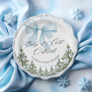 Baby Its Cold Outside Winter Blue Bow Baby Shower  Paper Plate