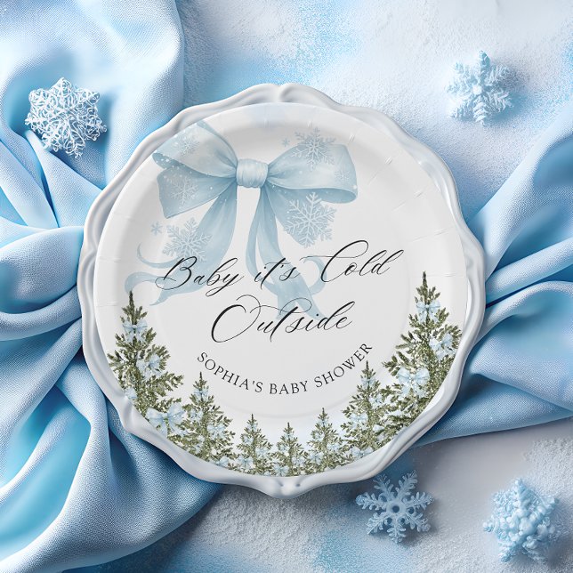 Baby Its Cold Outside Winter Blue Bow Baby Shower  Paper Plate (Creator Uploaded)