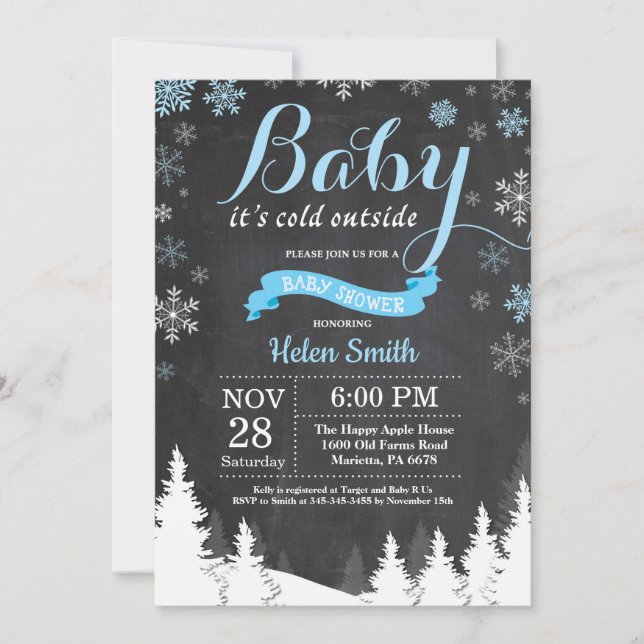 Baby its Cold Outside Winter Blue Boy Baby Shower Invitation (Front)