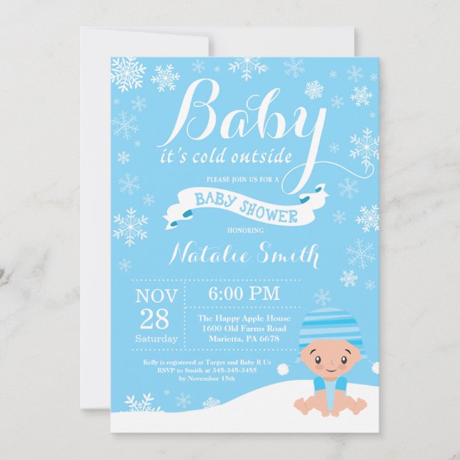 Baby Its Cold Outside Winter Boy Baby Shower Blue Invitation (Front)