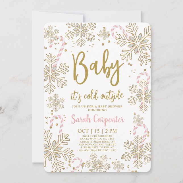Baby it's cold outside winter christmas baby girl invitation (Front)
