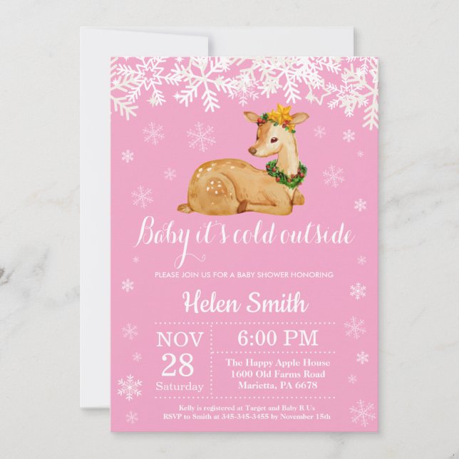 Baby its Cold Outside Winter Deer Girl Baby Shower Invitation (Front)