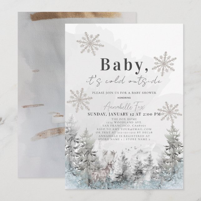 Baby It's Cold Outside Winter Forest Baby Shower Invitation (Front/Back)