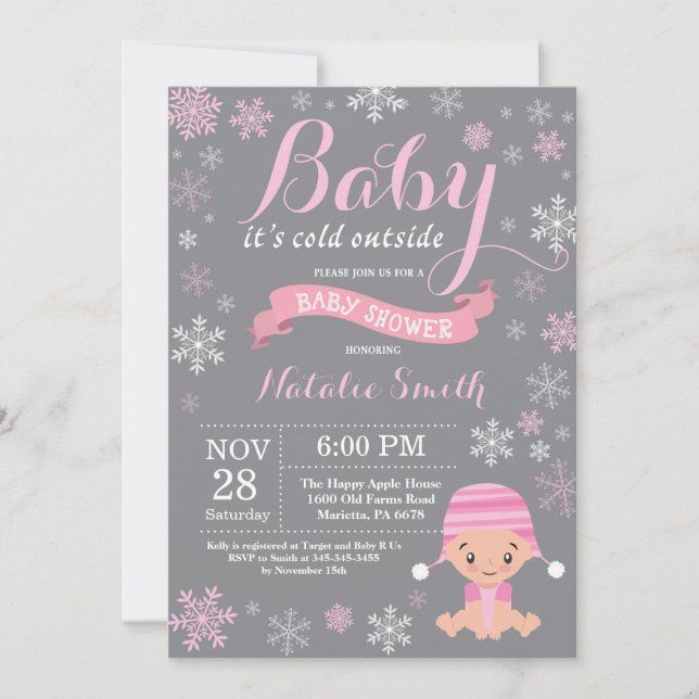 Baby Its Cold Outside Winter Girl Baby Shower Pink Invitation (Front)