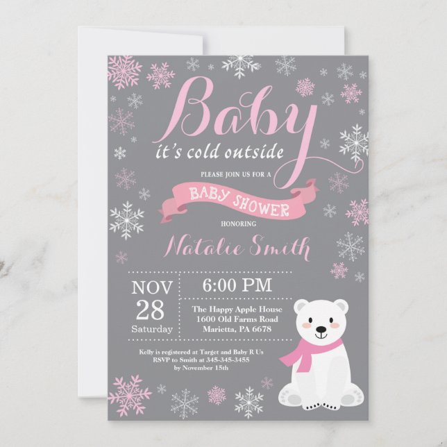 Baby Its Cold Outside Winter Girl Baby Shower Pink Invitation (Front)