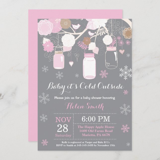 Baby its Cold Outside Winter Mason Jar Baby Shower Invitation (Front/Back)