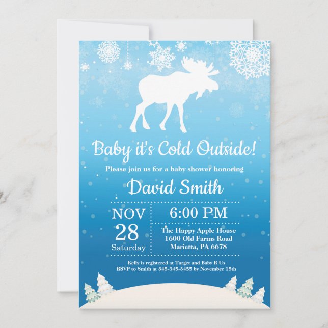 Baby its Cold Outside Winter Moose Boy Baby Shower Invitation (Front)