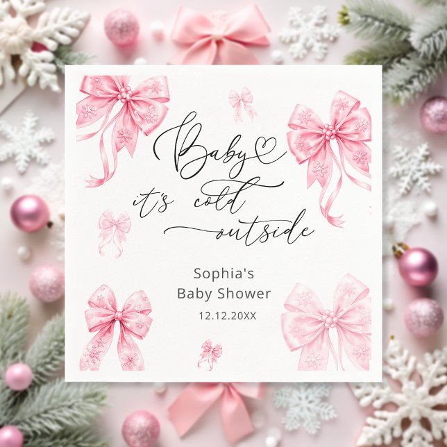 Baby Its Cold Outside Winter Pink Bow Baby Shower Napkin (Creator Uploaded)