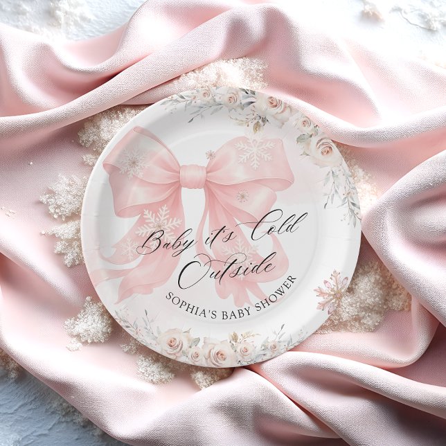 Baby Its Cold Outside Winter Pink Bow Baby Shower  Paper Plate (Creator Uploaded)