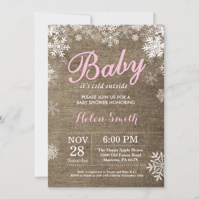 Baby its Cold Outside Winter Pink Girl Baby Shower Invitation (Front)