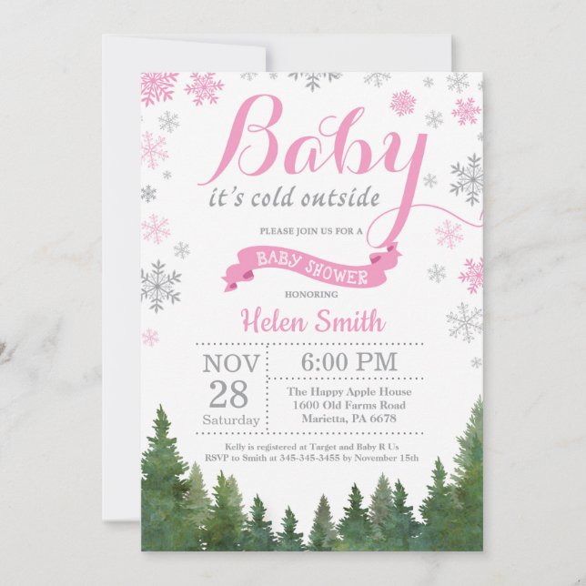Baby its Cold Outside Winter Pink Girl Baby Shower Invitation (Front)