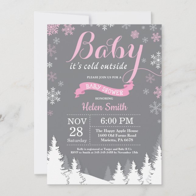 Baby its Cold Outside Winter Pink Girl Baby Shower Invitation (Front)