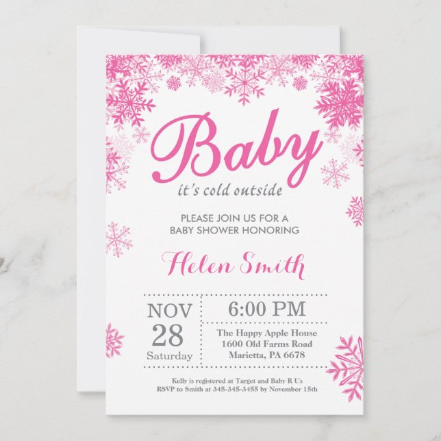 Baby its Cold Outside Winter Pink Girl Baby Shower Invitation (Front)