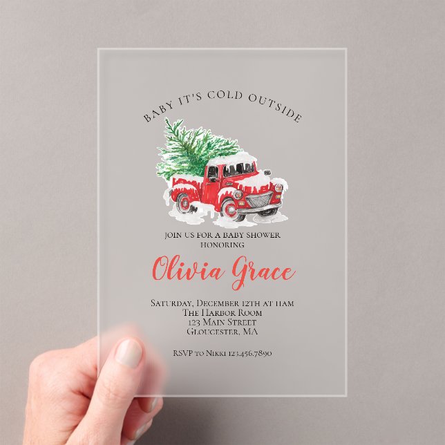 Baby its Cold Outside Winter Red Truck Baby Shower Acrylic Invitations (Insitu (Handheld))
