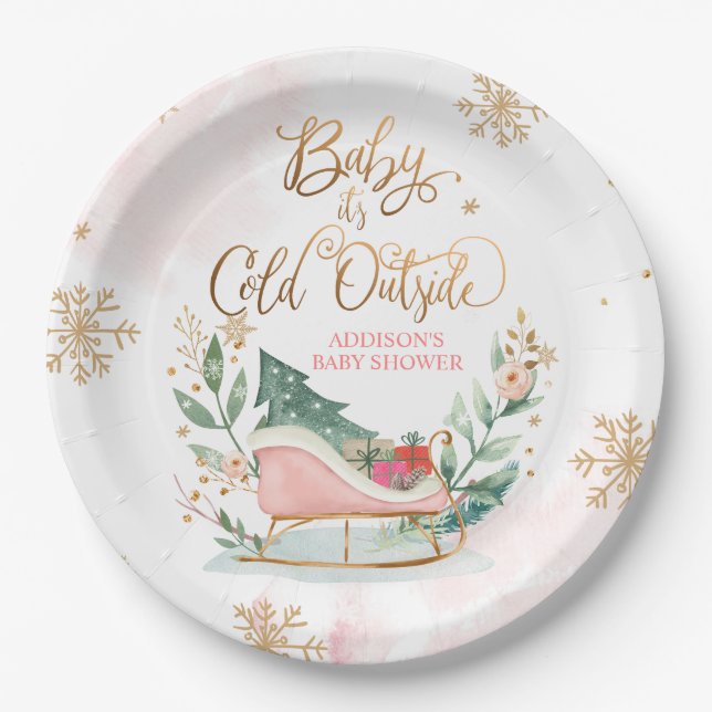 Baby It's Cold Outside Winter Sleigh Baby Shower Paper Plate (Front)