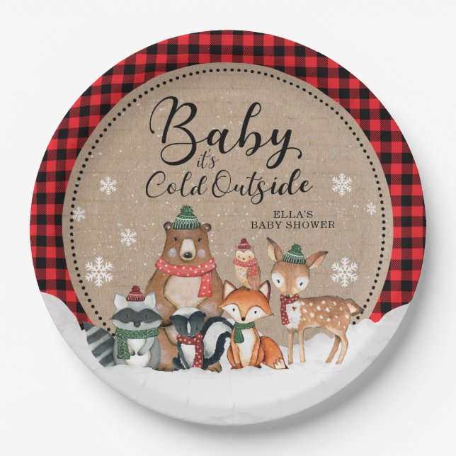 Baby It's Cold Outside Winter Woodland Baby Shower Paper Plate (Front)