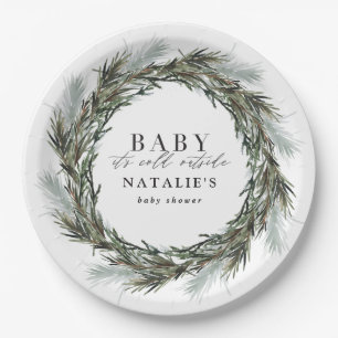 Baby its cold outside winter wreath baby shower paper plate