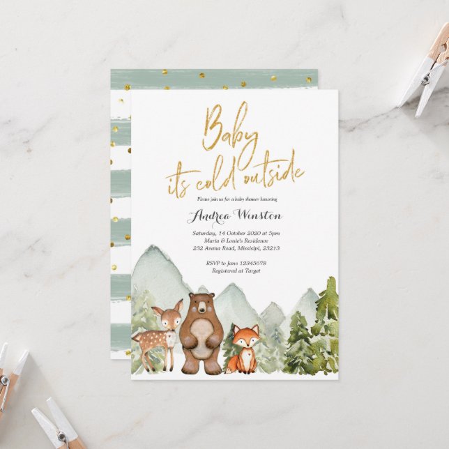 Baby it's cold outside Woodland Animal Baby Shower Invitation (Front/Back In Situ)