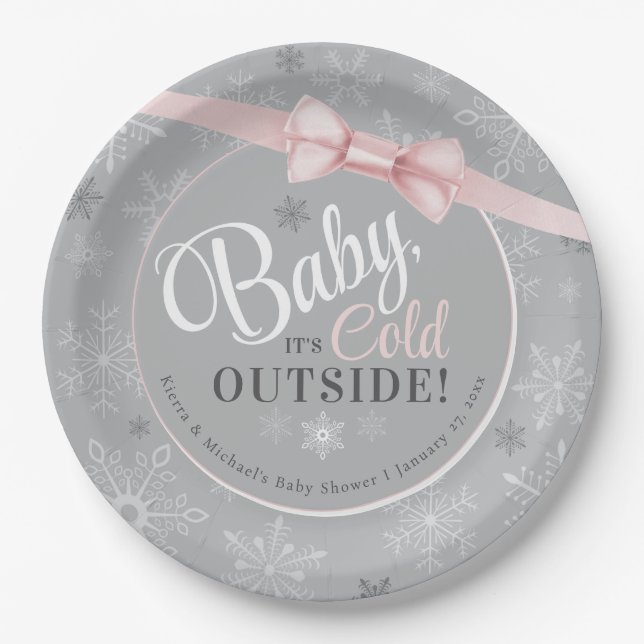 Baby It's Cold Pink Grey Snowflake Girl Shower Paper Plate (Front)