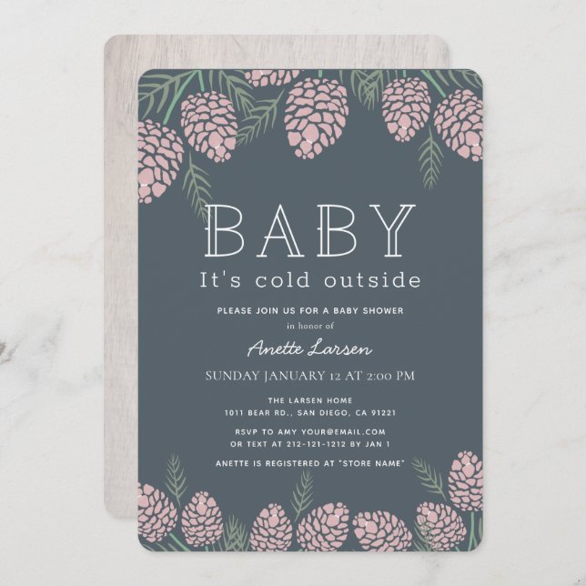Baby Its Cold Pink Pine Cone Navy Baby Shower Invitation (Front/Back)