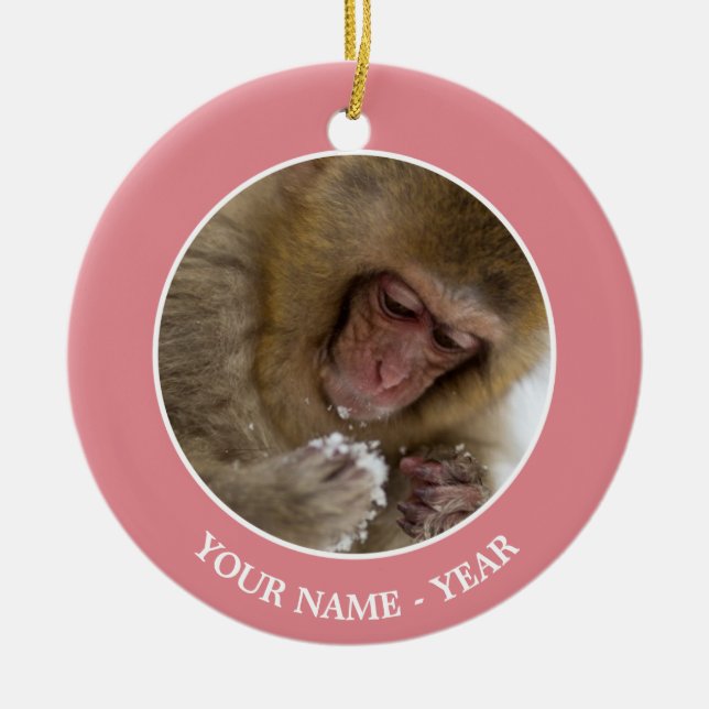 Baby Japanese Macaque | Snow Monkey Ceramic Tree Decoration (Front)
