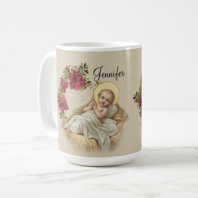 Baby Jesus Christmas Floral Wreath Coffee Mug (Front Left)