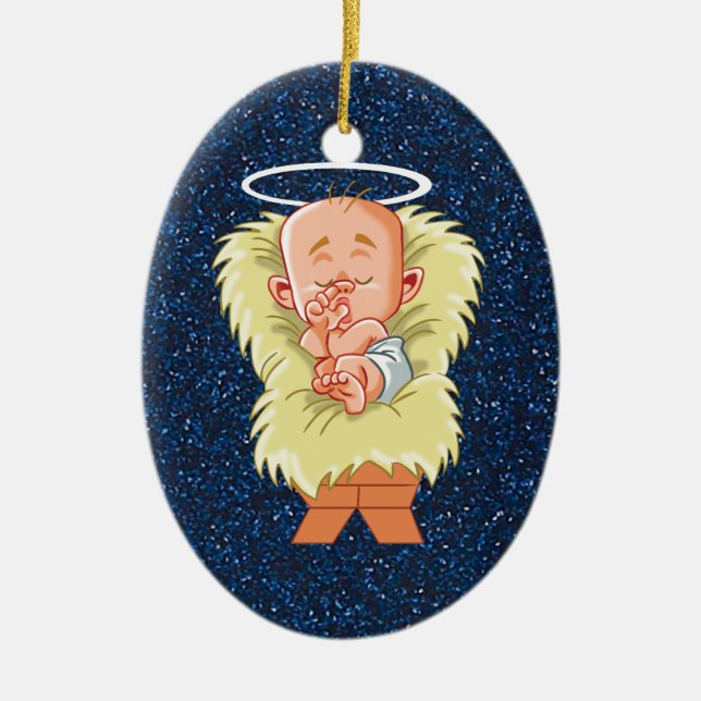 Baby Jesus In Manger Ceramic Tree Decoration (Front)