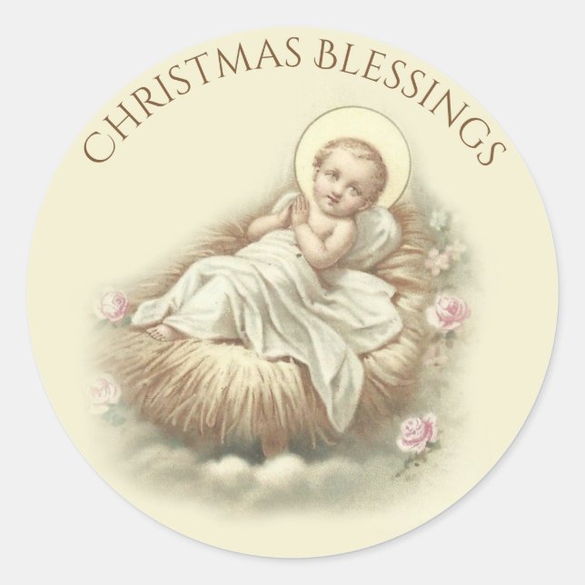 Baby Jesus in Manger Christmas Blessings Roses Classic Round Sticker (Front)