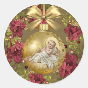 Baby Jesus in Manger Christmas Floral Wreath Classic Round Sticker