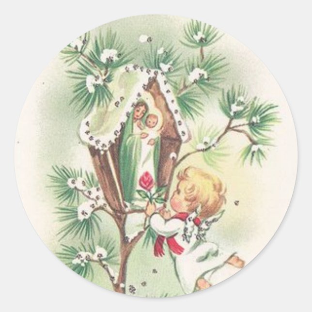 Baby Jesus Manger Christmas Bells Ribbon Classic Round Sticker (Front)